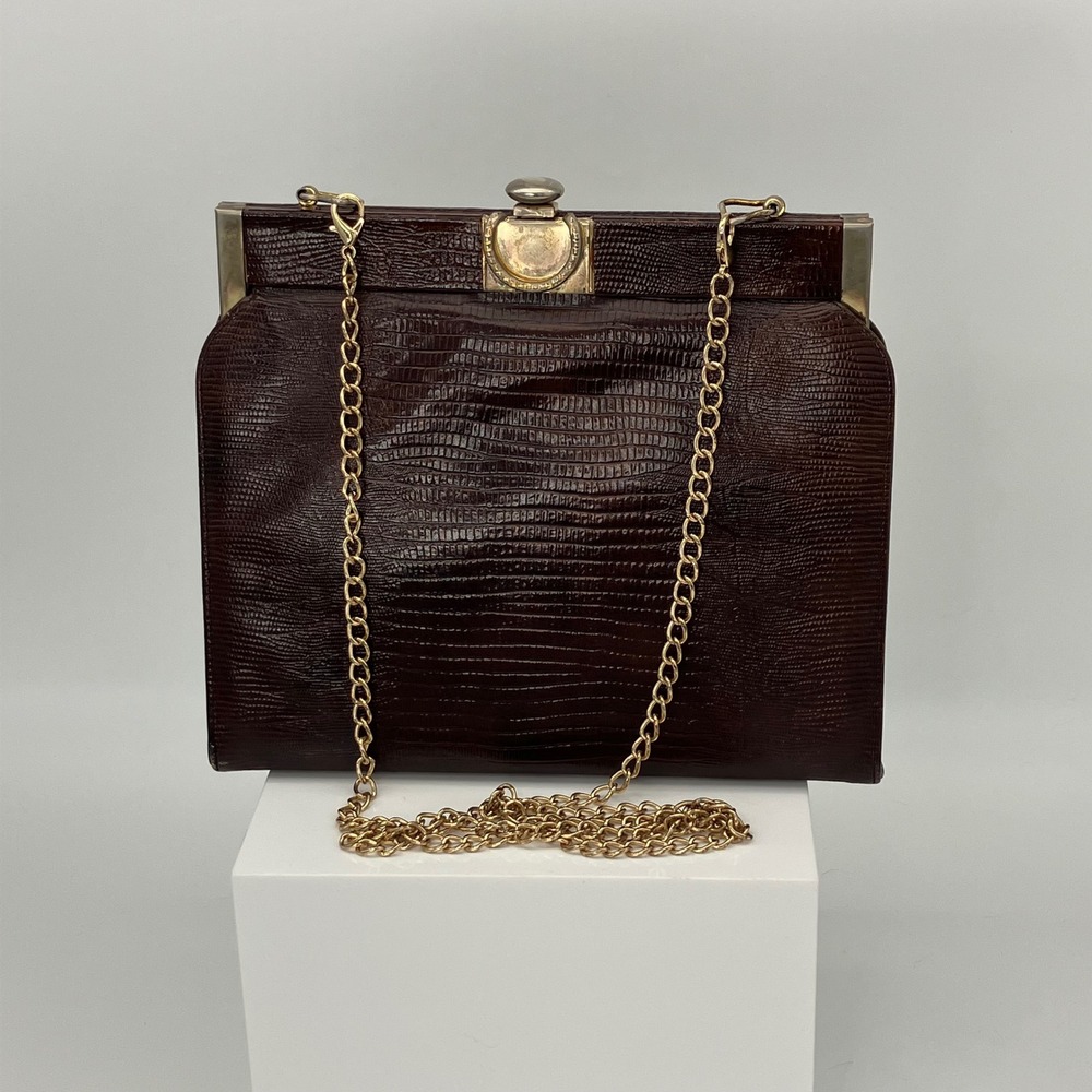 Vtg 50's Purse Brown Lizard Embossed Faux Leather Bag Chain Strap Mid Century